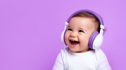 Cheerful kid in headphones listens to music on a purple background