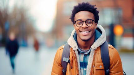 Fototapeta premium Portrait of an African American student smiling against the background of the university