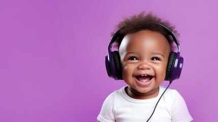 Cheerful dark-skinned kid in headphones listens to music on a purple background