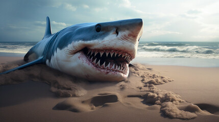 Fototapeta premium Huge shark on the seashore with injury