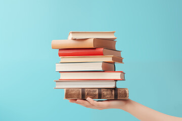 Woman holding a pile of books, Close up  hands holding books stack, Generative AI