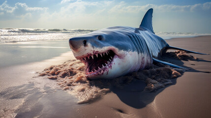 Huge shark on the seashore with injury