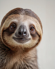 Fototapeta premium Portrait of a cute-looking sloth isolated on a white background. A funny-looking smiling sloth isolated on a white background. 