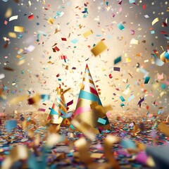 Ein Hintergrund mit bunten Partyh&uuml;te, Konfetti und Luftschlangen