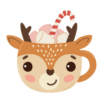 Vector christmas picture cup with deer and sweets holiday card