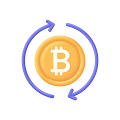 3D Currency exchange illustration. Concept of currency exchange or cash back. Bitcoin icon. Money conversion.