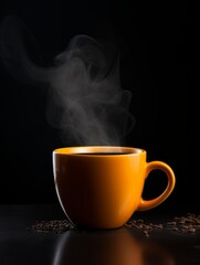 Orange Coffee Mug on Black Background. Photorealistic Cup with plume of steam on dark backdrop. Vertical Illustration. Ai Generated Hot Drink with Vapor.