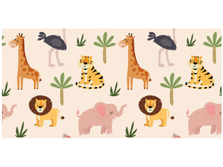 Seamless jungle pattern with lion, tiger, elephant and octrich.  Vector seamless texture.