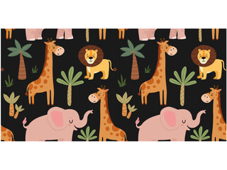 Seamless jungle pattern with lion, elephant and giraffe. Vector seamless texture.