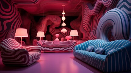A surrealistic lounge with distorted furniture shapes amid a constantly shifting visual illusion.