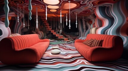 A surrealistic lounge with distorted furniture shapes amid a constantly shifting visual illusion.