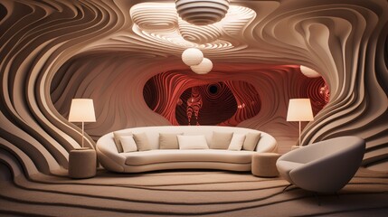 A surrealistic room setup presenting a sculptural sofa as the centerpiece, surrounded by dynamic, swirling textures.