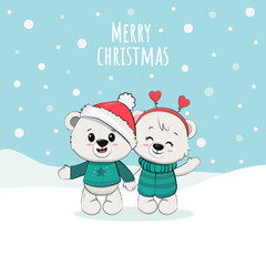 Cute cartoon bears isolated on blue background. Christmas card with polar teddy bears. Vector illustration