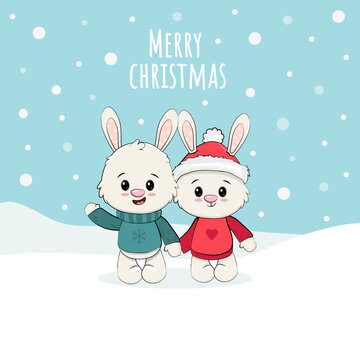 Cute cartoon bunnys couple isolated on blue background. Christmas card with rabbit. Vector illustration