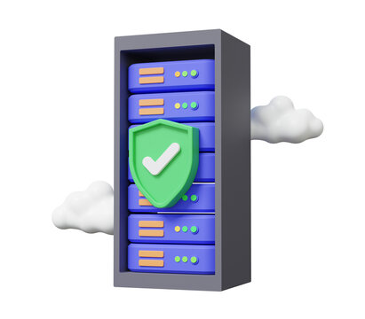 System cloud computing data center cupboard rack server storage sharing database connect hardware digital technology electronic. security shield protection online platform backup. 3d rendering