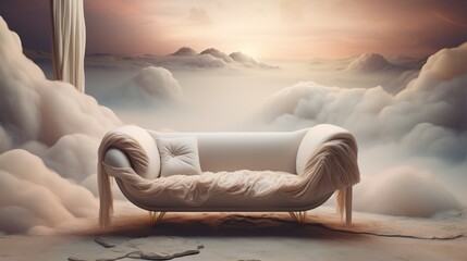 Fototapeta na wymiar A surreal environment featuring an otherworldly sofa design emerging from an abstract, ethereal mist.