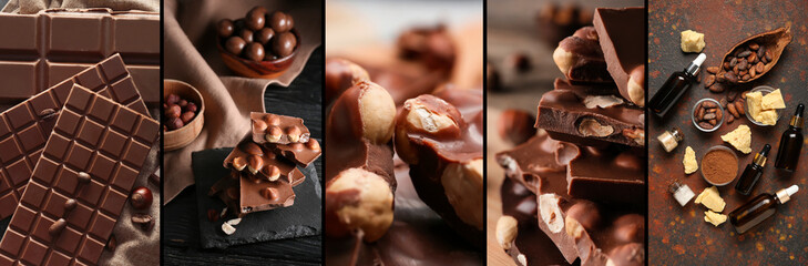 Collage of cacao powder, beans, butter, sweet chocolate and cosmetics