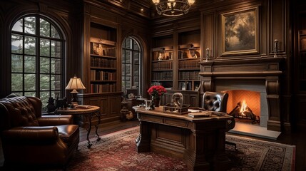 A traditional-style study room adorned with rich wooden furniture, classic paintings, and a cozy fireplace.