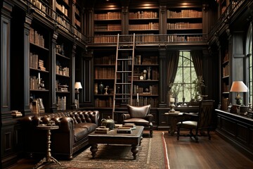 A traditional library with dark wood bookshelves, a rolling ladder, and a leather armchair.