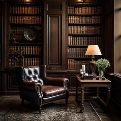 A traditional study with dark wood paneling, a leather armchair, and antique books