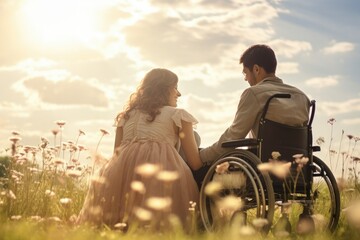 A woman with her disabled husband in a wheelchair in the countryside at sunset - obrazy, fototapety, plakaty