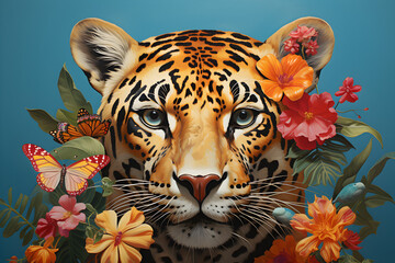 a painting of a leopard with flowers on its head and a butterfly on its nose, set against a blue background with a flower at the center, - obrazy, fototapety, plakaty
