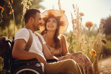 A woman and her disabled boyfriend having a good day in the countryside - obrazy, fototapety, plakaty