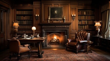 A traditional study with rich wood paneling, a fireplace, and a desk with antique accessories.
