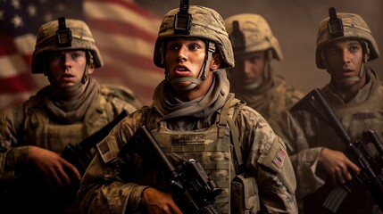 Soldiers in full gear looking at camera on american national flag background. USA. Independence Day. July 4 Concept. Patriotism Concept. Military Concept. - obrazy, fototapety, plakaty