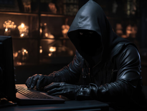 Criminoso hacker atuando para aplicar crime cibern&eacute;tico na internet, perigo, golpe virtual nas compras online.