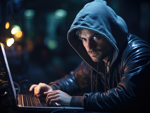 Criminoso hacker atuando para aplicar crime cibern&eacute;tico na internet, perigo, golpe virtual nas compras online.