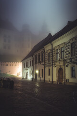 Wawel castle and Wawel cathedral over Kanonicza street on foggy night, Krakow, Poland