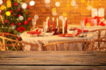 Empty wooden board with table served for Christmas dinner