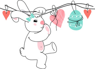 Easter bunny with egg and hearts. Cute bunny or rabbit for Easter card or invitation, cute holiday print or sticker, doodle kawaii style illustration.