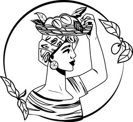 Coffee emblem, label, print or logo element design with woman farmer. Monochrome line art image of coffee plant.