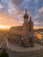 Aerial view of St Mary's church in Krakow, Poland, during colorful sunrise