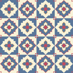 Seamless geometric pattern with geometric shapes. Old mosaic tiles with oriental pattern. Vector decorative square ornament. Vintage geometrical tile.