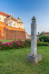 Pagan idol from Zbruch depicting Slavic Svatovid deity, close to Wawel castle in Krakow, Poland