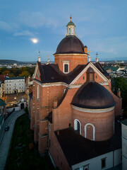 Aerial view of St Peter and Paul church in Krakow old town, Poland, during blue hour