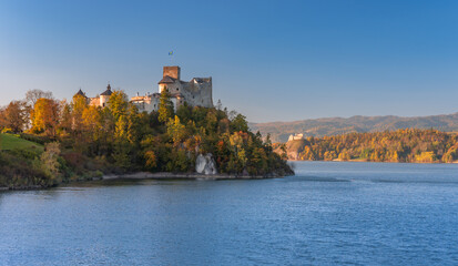 Nidzica castle and Czorsztynskie lake in Little Poland, autumn afternoon
