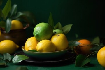 Ripe and juicy lemons and limes on a wooden board. Side view.