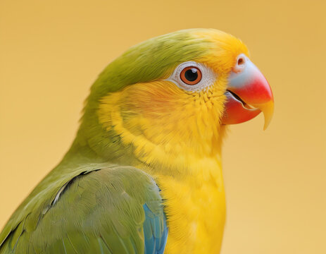 A close-up of a yellow and green parrot isolated on a pastel yellow background.