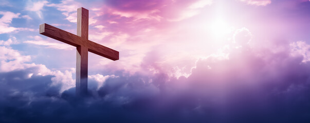 Jesus Christ cross. Easter, resurrection concept. Crucifixion Of Jesus Christ at sunset. - obrazy, fototapety, plakaty