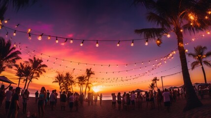 Fototapeta na wymiar a beach party with palm trees and light bulb garlands framing the scene