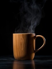 Wooden Teak Coffee Mug on Black Background. Photorealistic Cup with plume of steam on dark backdrop. Vertical Illustration. Ai Generated Hot Drink with Vapor.