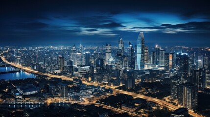 a city skyline at night, featuring sleek and modern buildings with clean lines and bold architecture