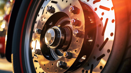 Closeup steel brake disk and detail of wheel hub with sunlight.Closeup steel brake disk and detail...