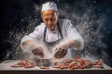 Chef in a white apron and black apron cooking fresh shrimps on a dark background