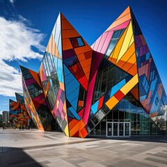 geometrically designed building with sharp angles and vibrant colors,
