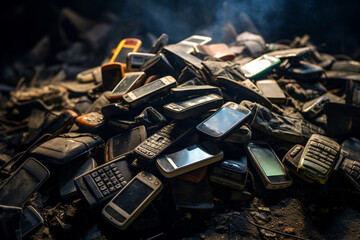 Pile of old mobile phones on the ground in a garbage dump, Generative Ai - obrazy, fototapety, plakaty
